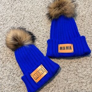 Mama and Mini Blue Knit Pom-Pom Beanie Set
